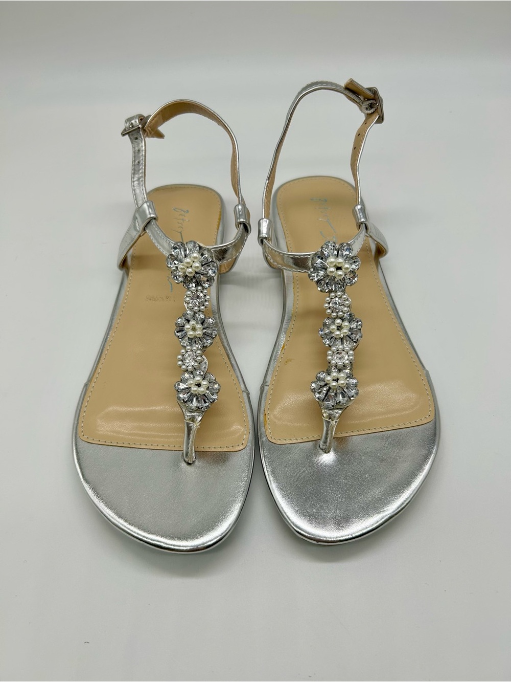 Betsey Johnson Silver “Alta”Jeweled T-Strap Sandals NWT